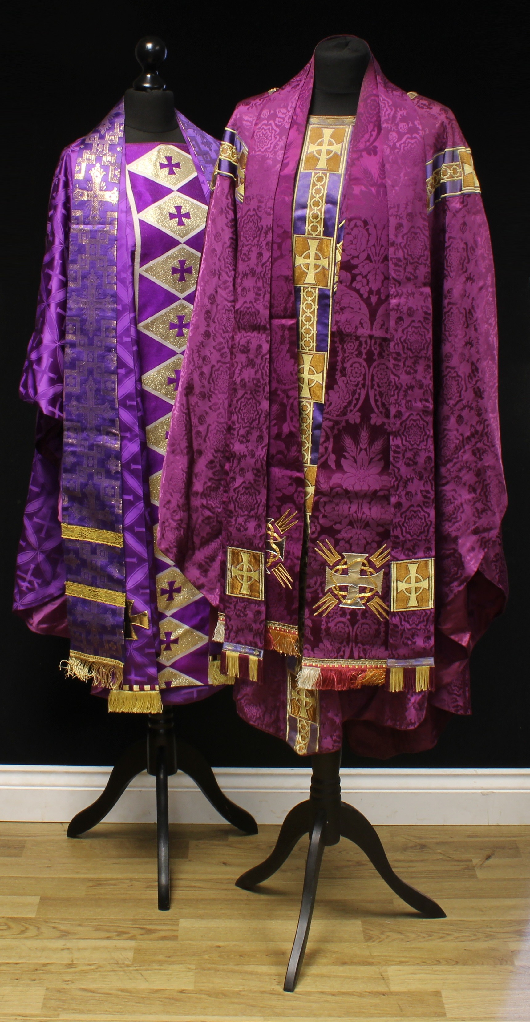 Ecclesiastical Liturgical Vestments - a purple damask chasuble and stole, 20th century; another