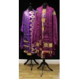 Ecclesiastical Liturgical Vestments - a purple damask chasuble and stole, 20th century; another