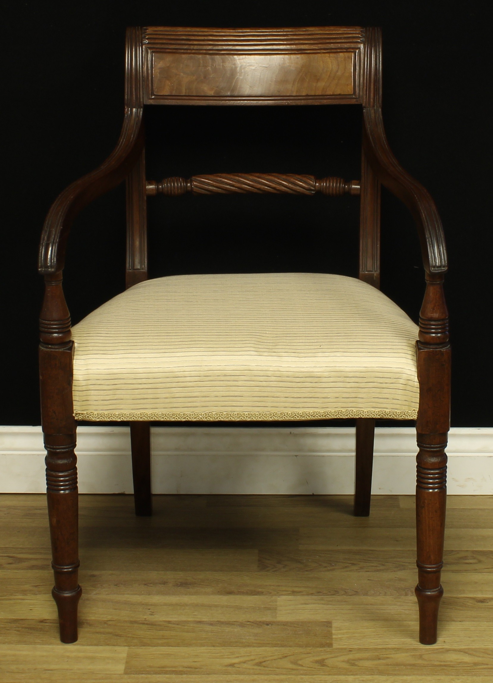 A George IV mahogany desk chair, reeded curved rectangular cresting rail, rope-twist mid rail, - Image 2 of 4