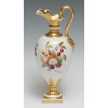 A Bloor Derby pedestal ewer, painted by Thomas Steele, with sliced and whole fruit, gilt neck,