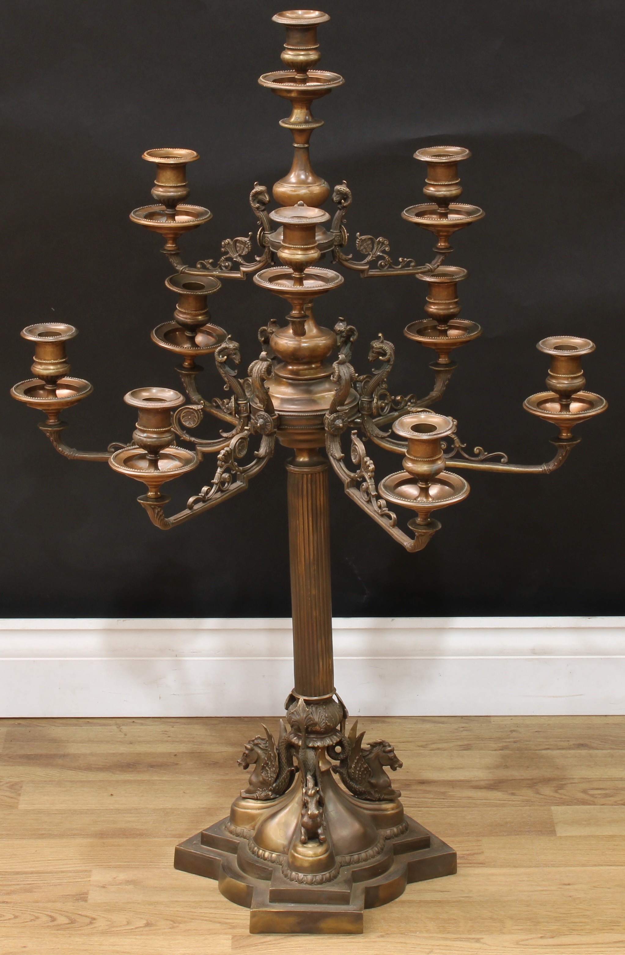 A pair of substantial Empire style bronze ten-light table candelabra, beaded campana sconces, the - Image 3 of 3