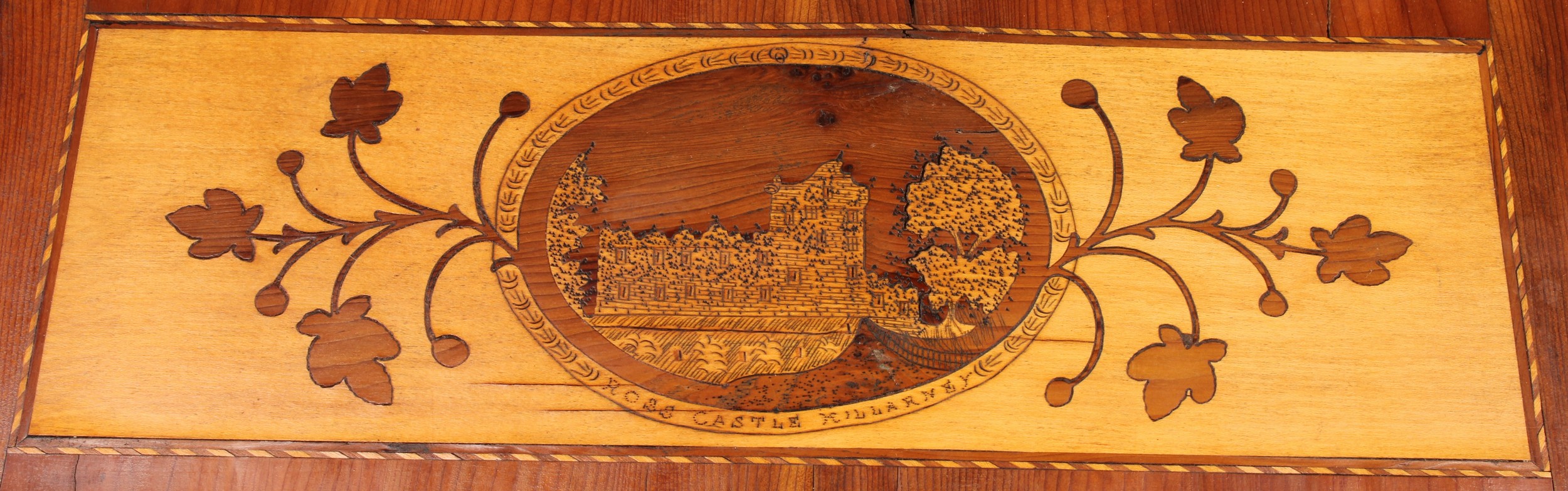 A 19th century Irish Killarney marquetry and yew room centre tea or silver table, hinged rectangular - Image 8 of 15