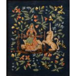 A pair of 20th century needlework samplers, embroidered in wool with figure and unicorn, amongst