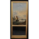 A 19th century giltwood and gesso pier panel, painted with a Dutch marine scene above a mirror,