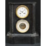 A 19th century French black marble combination mantel clock and barometer, 10cm enamel dial