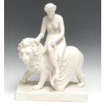 A Victorian Parian sculptural group, possibly Minton, Una and Lion, designed by John Bell (1812-