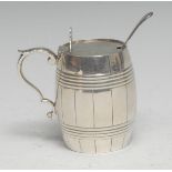 A Victorian silver novelty mustard, as a coopered barrel, hinged cover with chair-back thumbpiece,