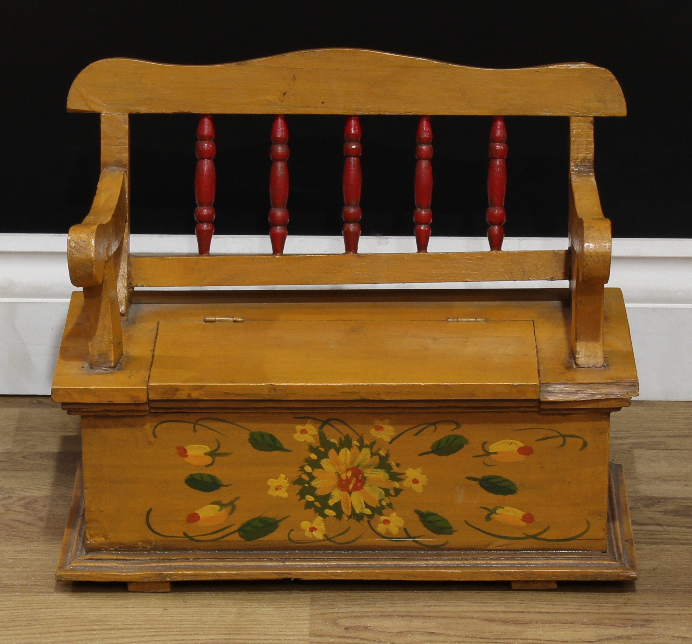 Miniature Furniture - an early-mid 20th century painted bench, possibly Scandinavian, painted with - Image 10 of 18