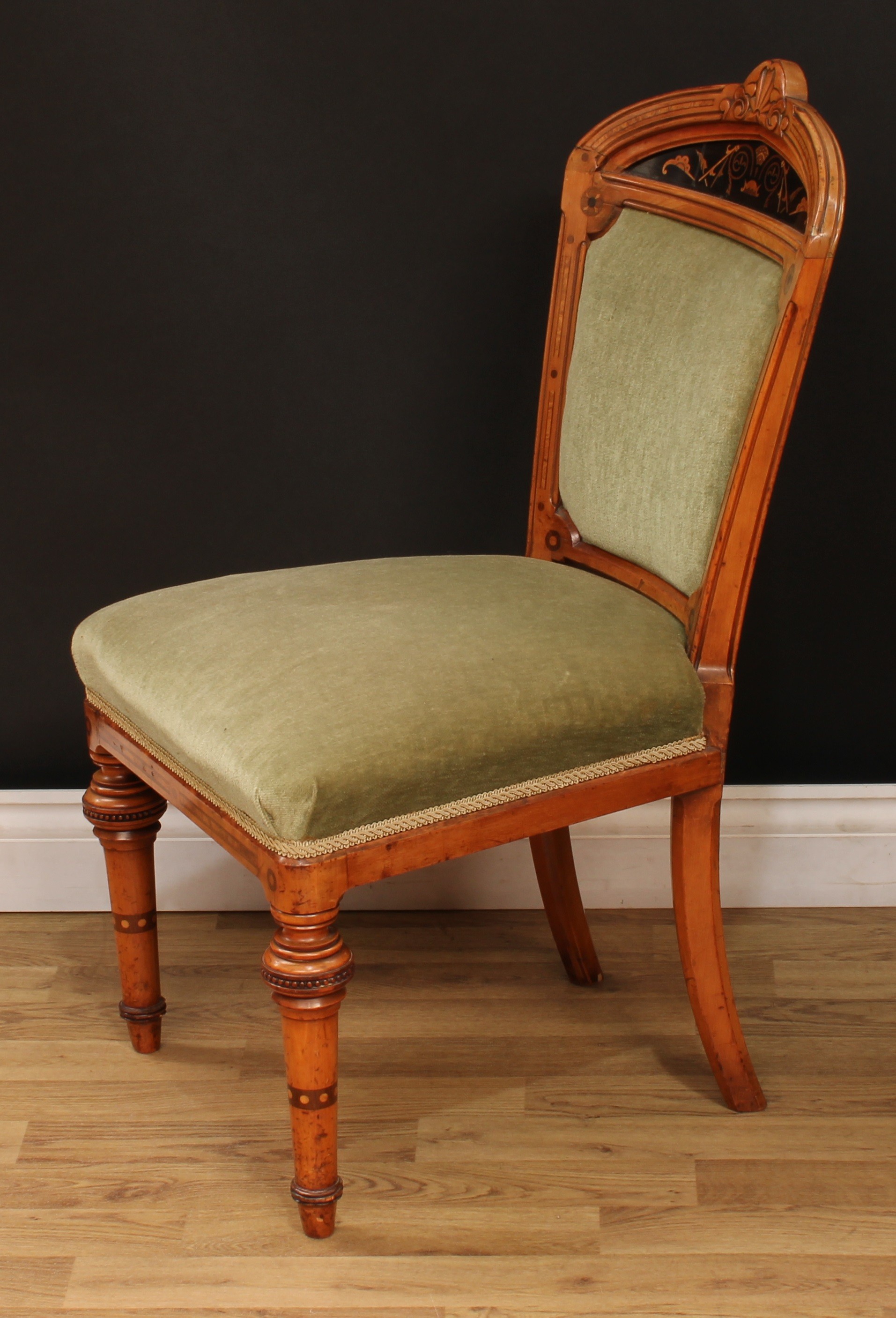 A pair of Victorian walnut and marquetry side chairs, each with shaped cresting rail carved with a - Image 6 of 7