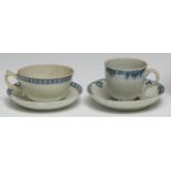 An early Worcester reeded trembleuse coffee cup and saucer, painted in underglaze blue in the French