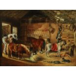 English School (19th century) Busy Stable Scene indistinctly signed, oil on canvas, 45cm x 60cm