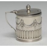 A Victorian Adam Revival silver drum mustard, half-fluted and chased with swags and pendants, hinged