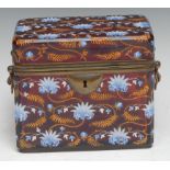 A French Palais Royale and cranberry glass casket, painted with cornflowers, engraved with gilt