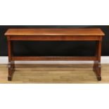 An early 20th century hall bench, rectangular top, shaped end supports, unusual hinged height-