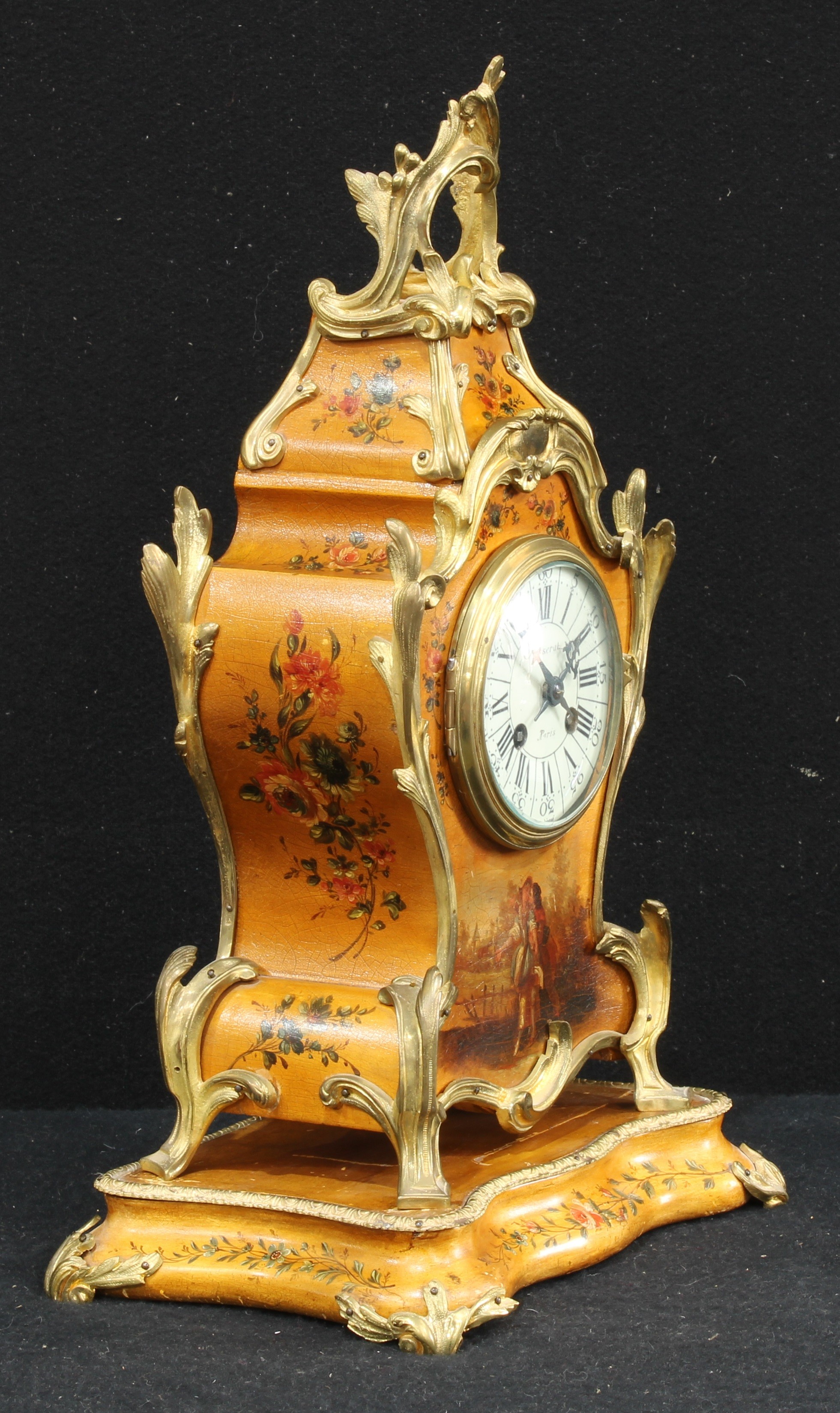 A Louis XV Revival gilt metal mounted Vernis Martin cartouche shaped mantel clock and bracket, - Image 3 of 3