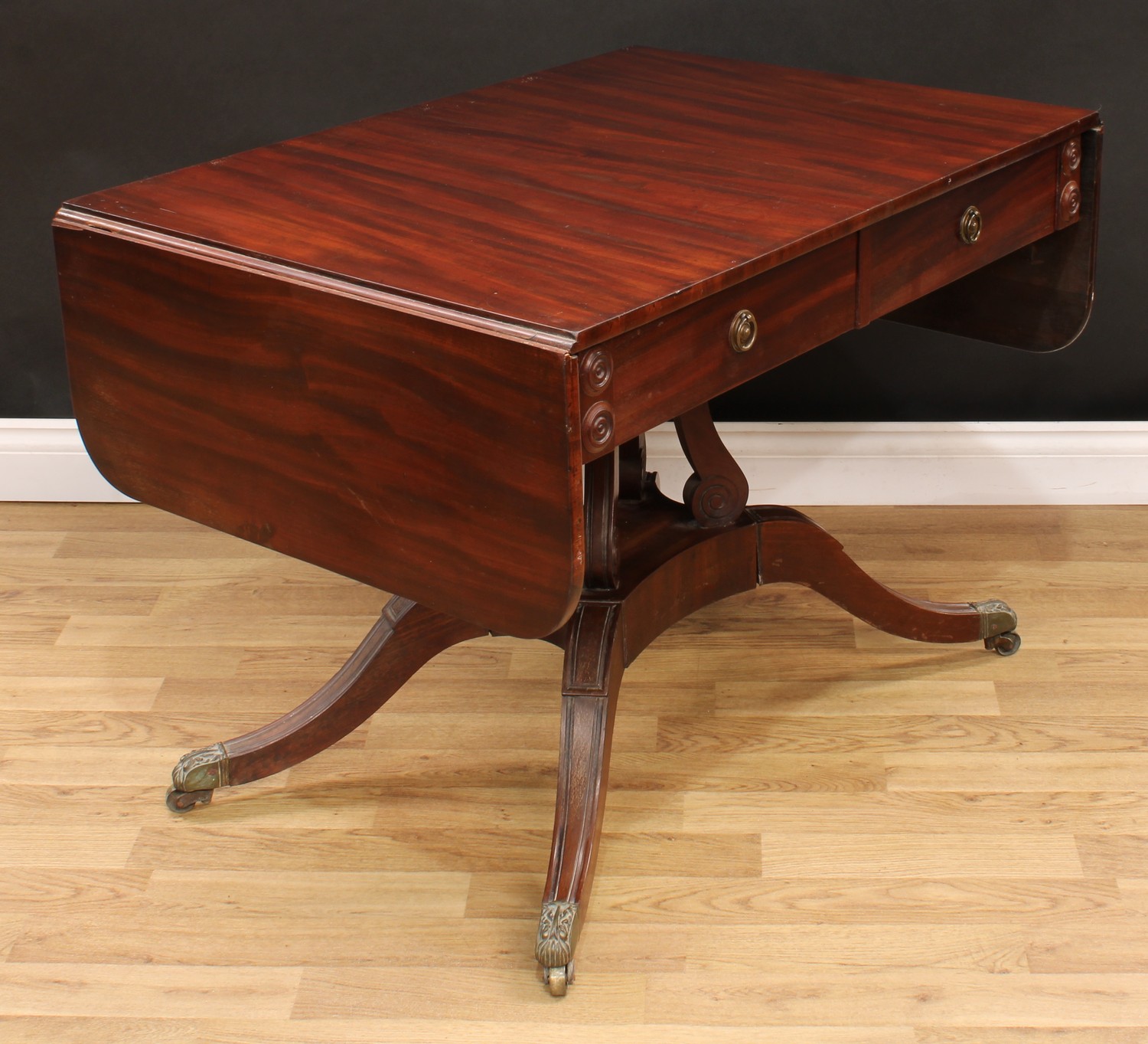 A William IV mahogany sofa table, rectangular top with fall leaves above a pair of frieze drawers, - Image 3 of 4