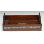 A George IV rosewood and mother-of-pearl marquetry rectangular book tray, turned and patinated carry