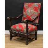 A late 19th century Spanish Baroque Revival mahogany open armchair, stuffed-over upholstery,