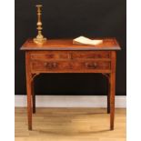A George III oak crossbanded mahogany side table, oversailing rectangular top with moulded edge