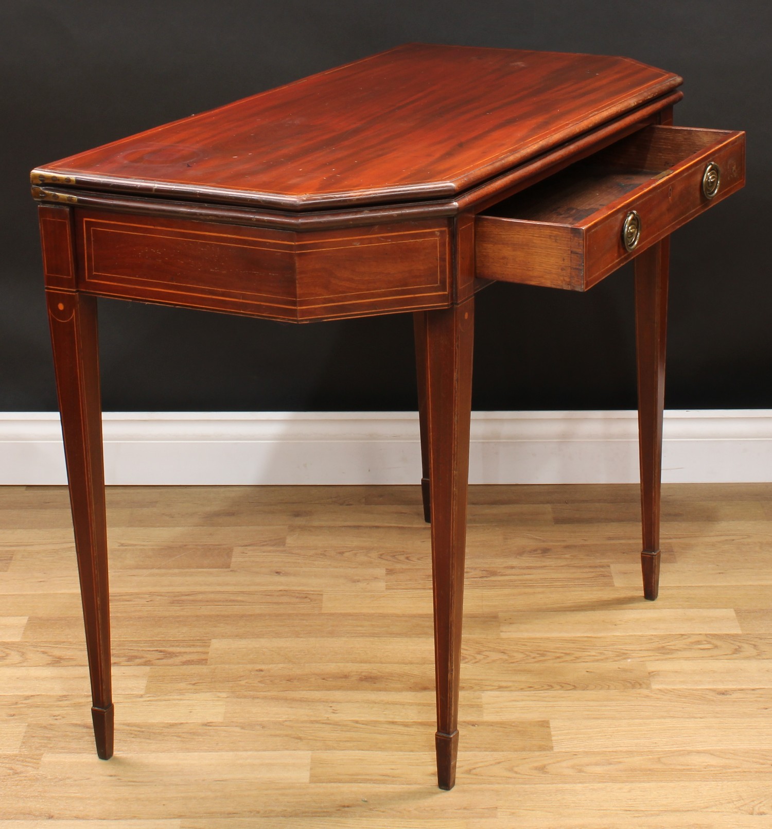 A George III mahogany tea table, canted rectangular top above a long frieze drawer, tapered square - Image 5 of 5