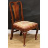 A George I oak side chair, double-arch cresting rail, vasular splat, drop-in needlework seat,