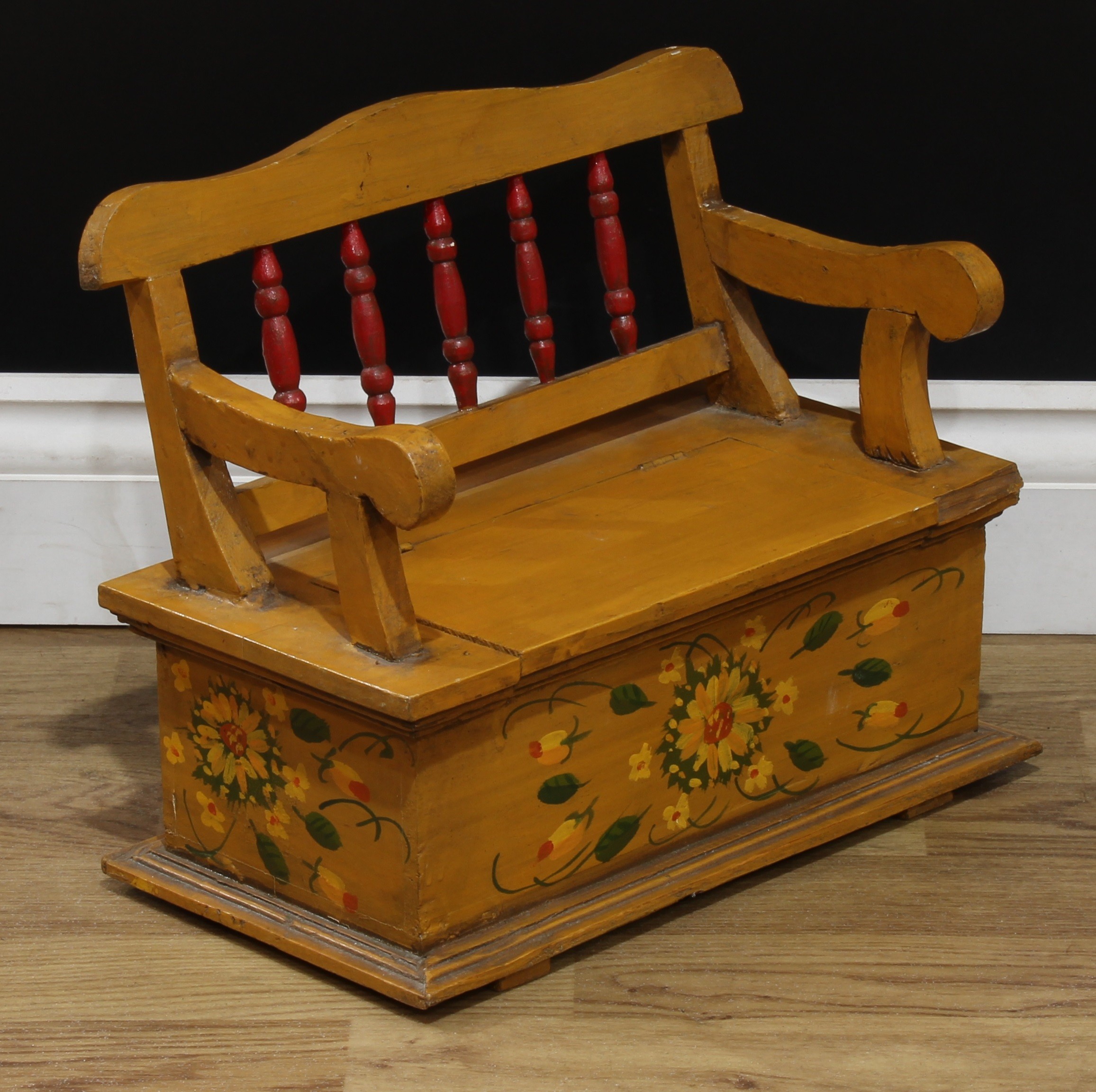 Miniature Furniture - an early-mid 20th century painted bench, possibly Scandinavian, painted with - Image 11 of 18