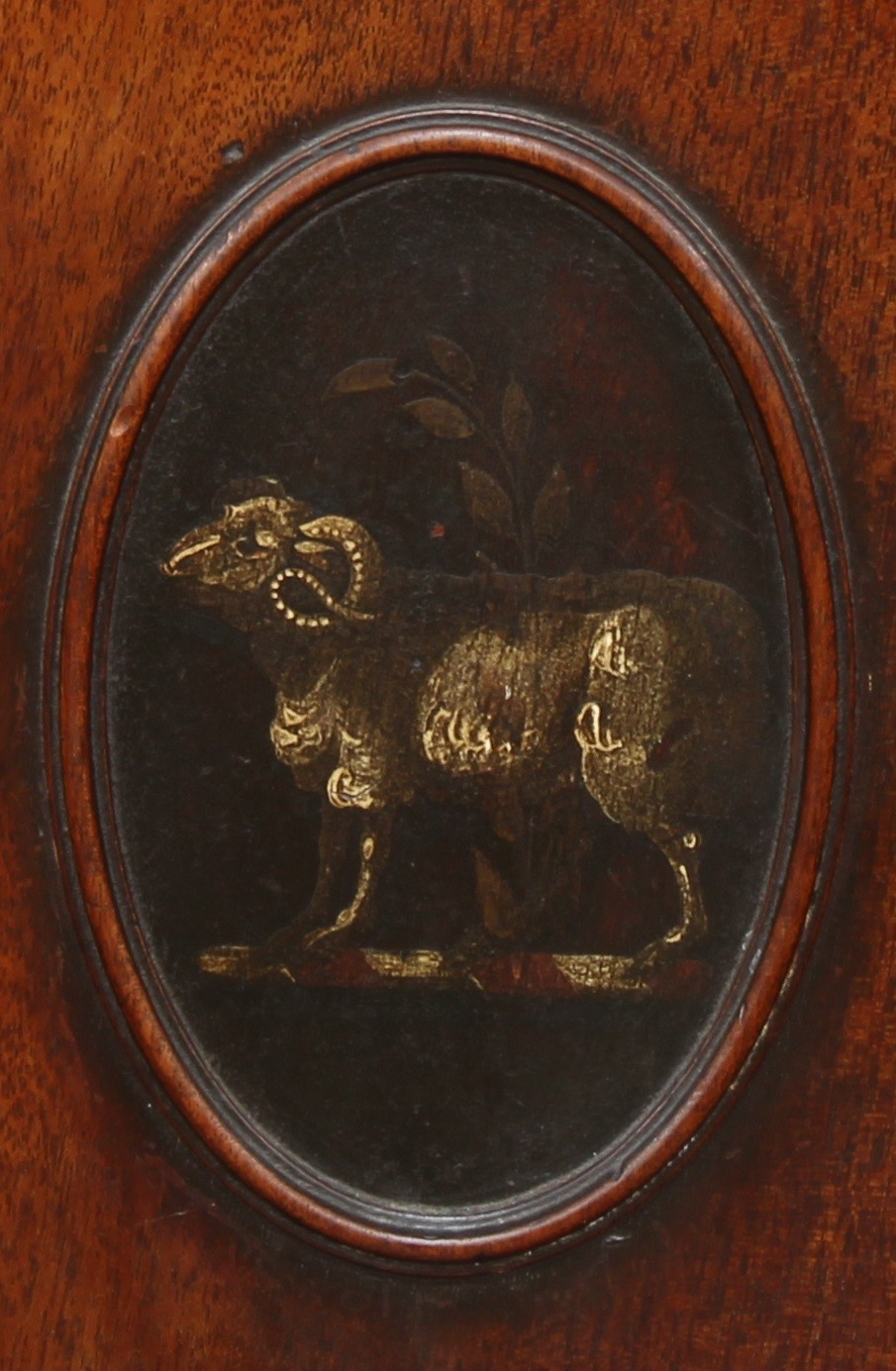 A George III mahogany Heraldic hall chair, shield shaped back with painted oval reserve, panel seat, - Image 3 of 5