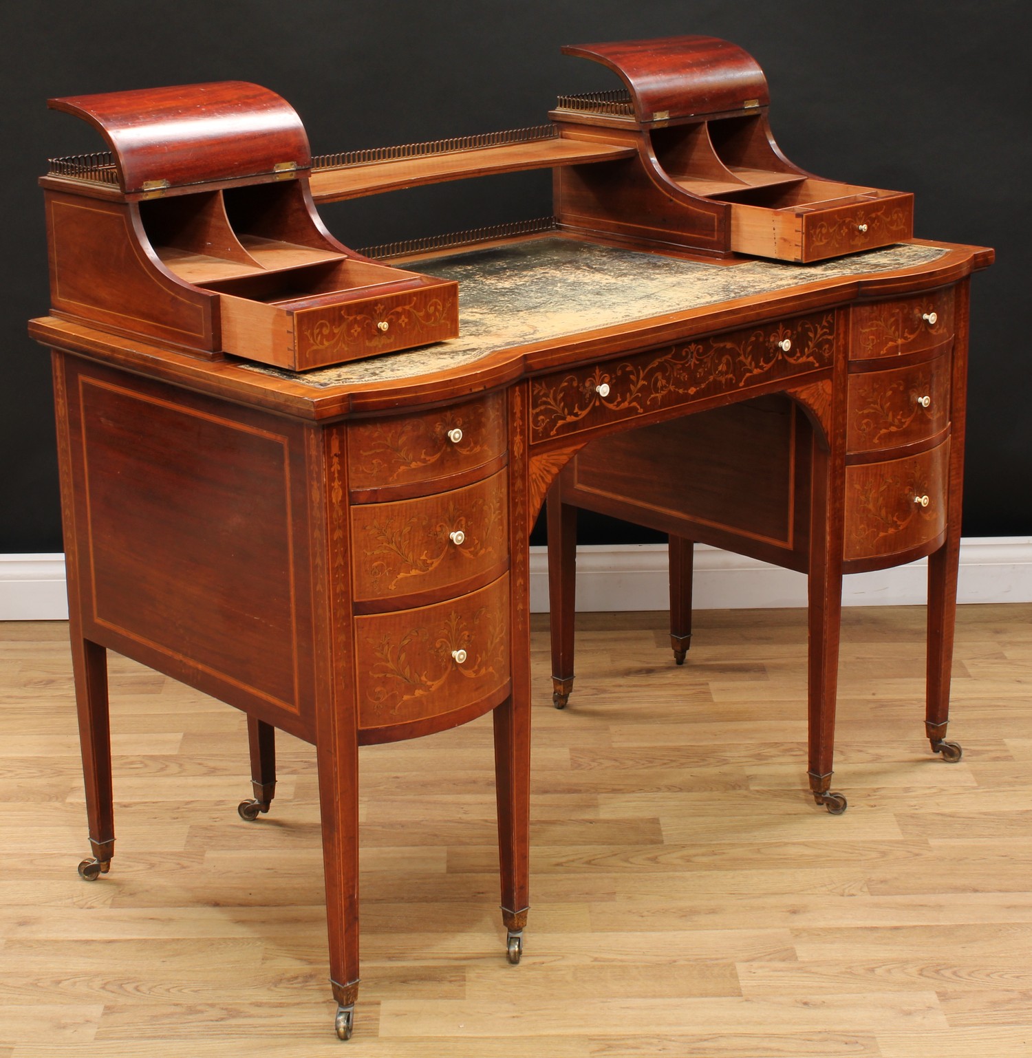 A late Victorian Sheraton Revival mahogany and marquetry writing desk, shaped superstructure with - Image 4 of 7