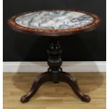 A Chinese hardwood tripod centre table, circular top with inset dreamstone panel and inlaid in