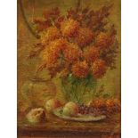 Leon Trems (Impressionist, early 19th century) Still life, A Vase of Chrysanthemums and a Plate of