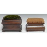 Sewing and Treen - a 19th century mahogany sarcophagus work box, push-fitting pin cushion cover,