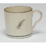 A Pinxton straight sided fluted coffee can, ear shaped handle, pattern 25, sprigged in black, c.1795