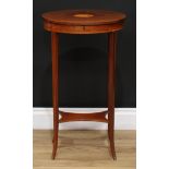An Edwardian Sheraton Revival mahogany oval occasional table, hinged cover inlaid with a stainwood