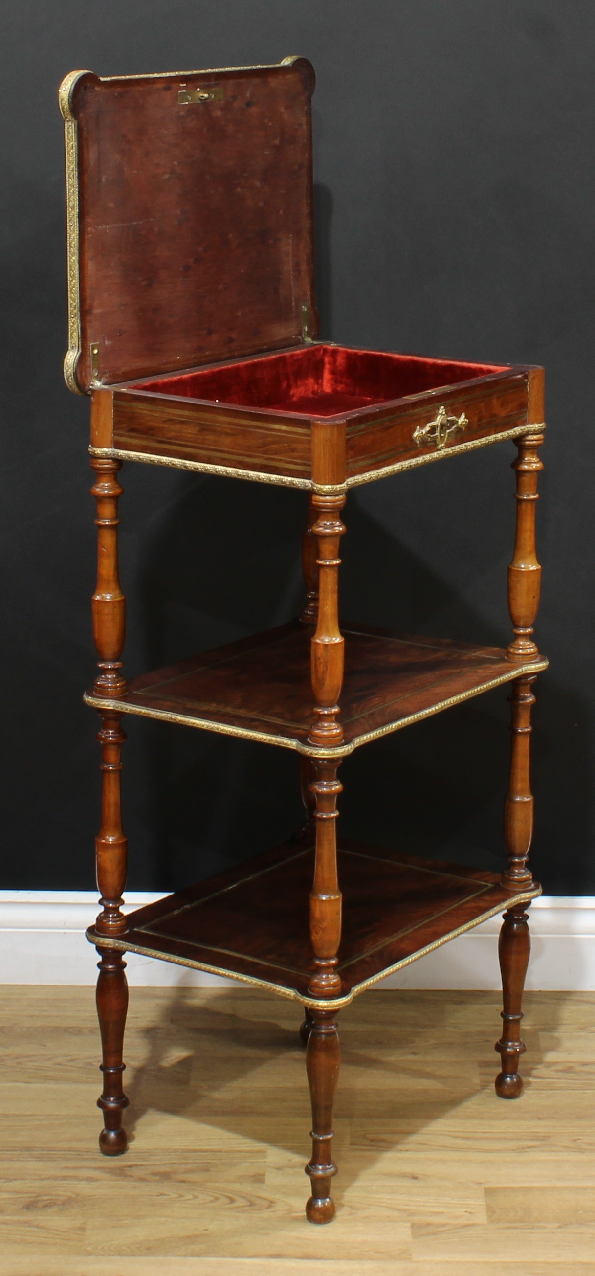 A 19th century French brass mounted and marquetry bijouterie etagere, hinged rectangular top - Image 4 of 6