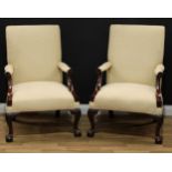 A pair of 19th century mahogany Gainsborough armchairs, each with a rectangular back, scroll arms