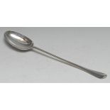 A George I Britannia silver Hanoverian pattern basting spoon, rat tail bowl, 33cm long, George
