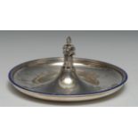A Japanese silver and enamel circular table centre dish, centred by a cast figure of an elder, the