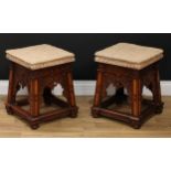 A pair of Reformed Gothic mahogany and pollard oak stools, in the manner of Augustus Welby Northmore