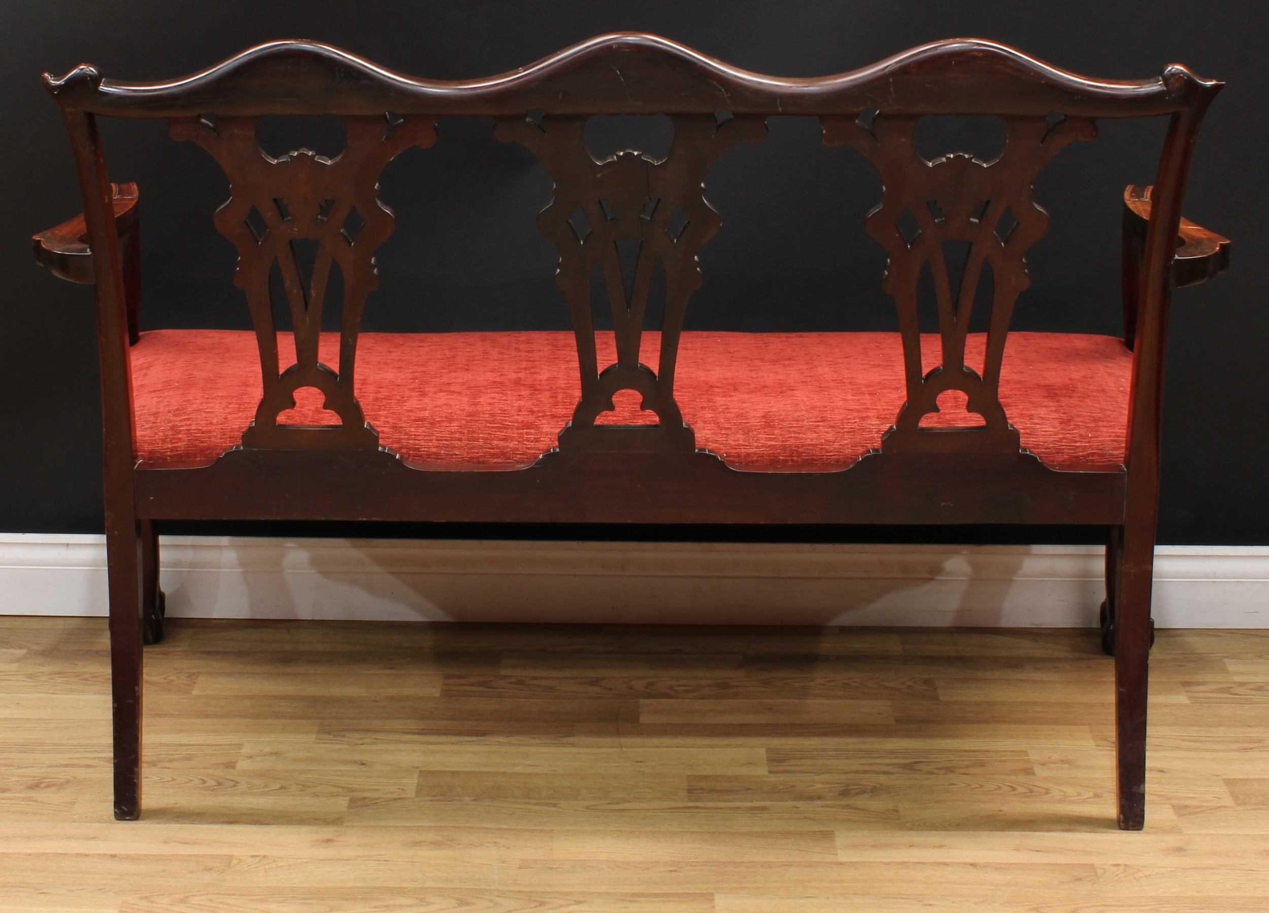 A Chippendale Revival triple chair back sofa, shaped cresting rail, shaped and pierced splats carved - Image 4 of 4