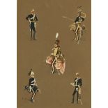 English School (19th century) Five in Military Uniform monogrammed, mixed medium, 32.5cm x 22.5cm