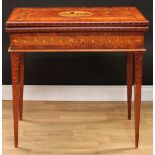 A 19th century Irish Killarney marquetry and yew room centre tea or silver table, hinged rectangular
