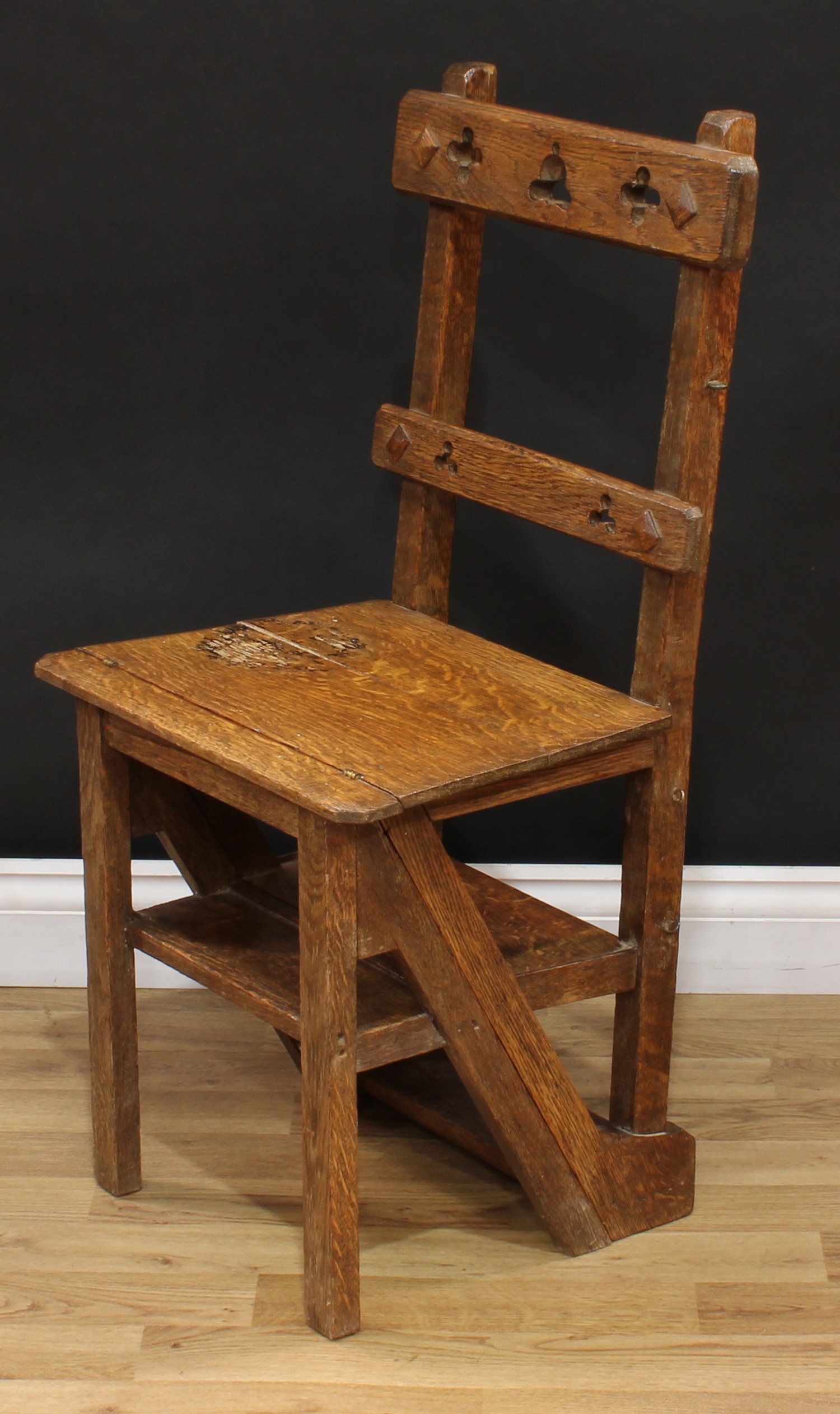 A Victorian Gothic Revival oak metamorphic chair, converting to library steps, rectangular - Image 3 of 8