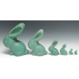A set of six graduated Bourne Denby Danesby Ware Antique Green matt glazed Marmaduke rabbits, size