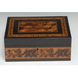 A Victorian Tunbridge ware marquetry rectangular box, the hinged cover centred with 'tumbling