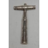 A George III silver travelling pocket picnic corkscrew, steel worm, screw-fitting sheath, 8cm