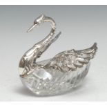An Italian silver and clear glass novelty dish, as a swan, 13cm long, import mark for London 1992