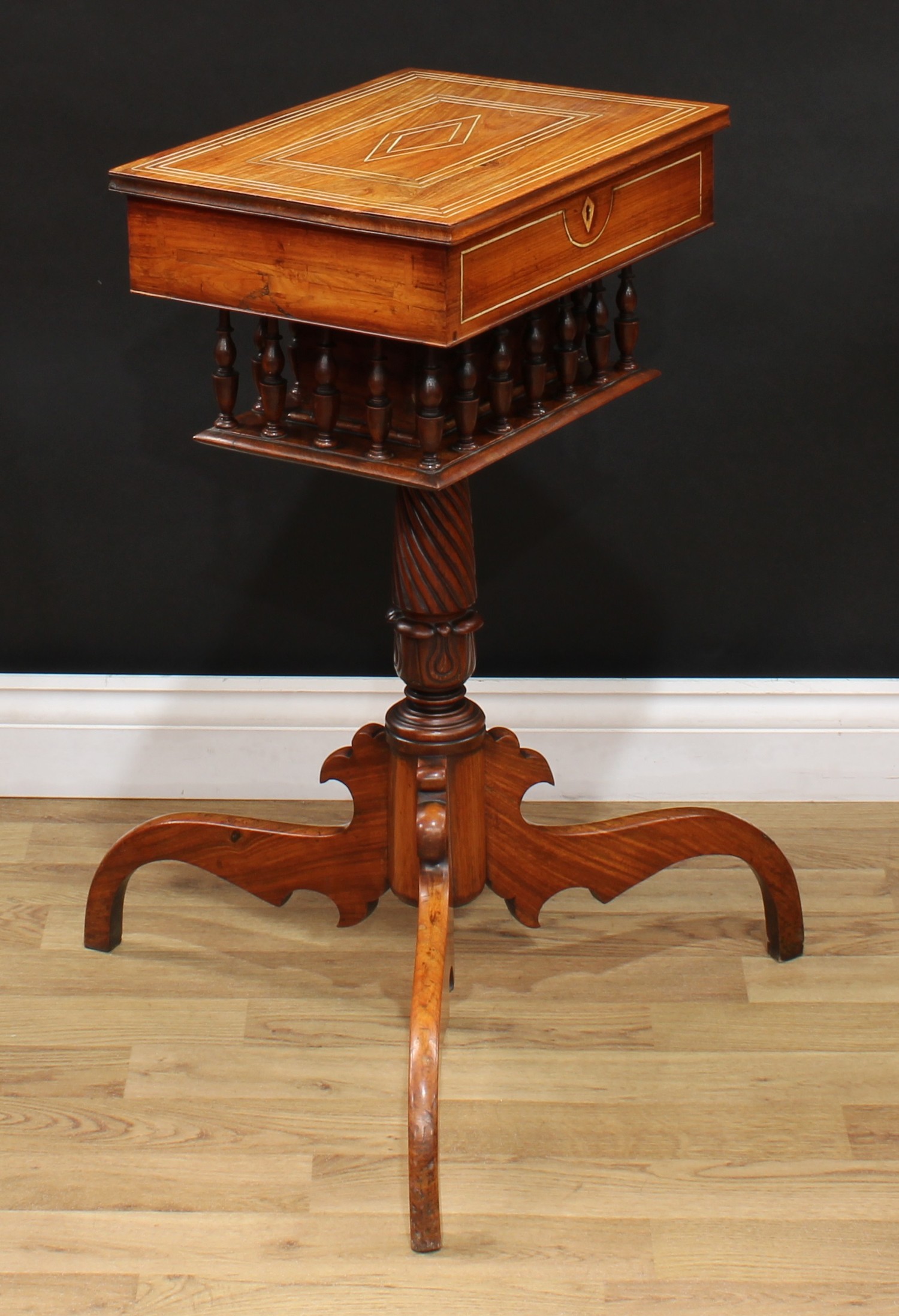 A 19th century Anglo-Indian rosewood tripod work table, hinged top enclosing a fitted interior - Image 2 of 8