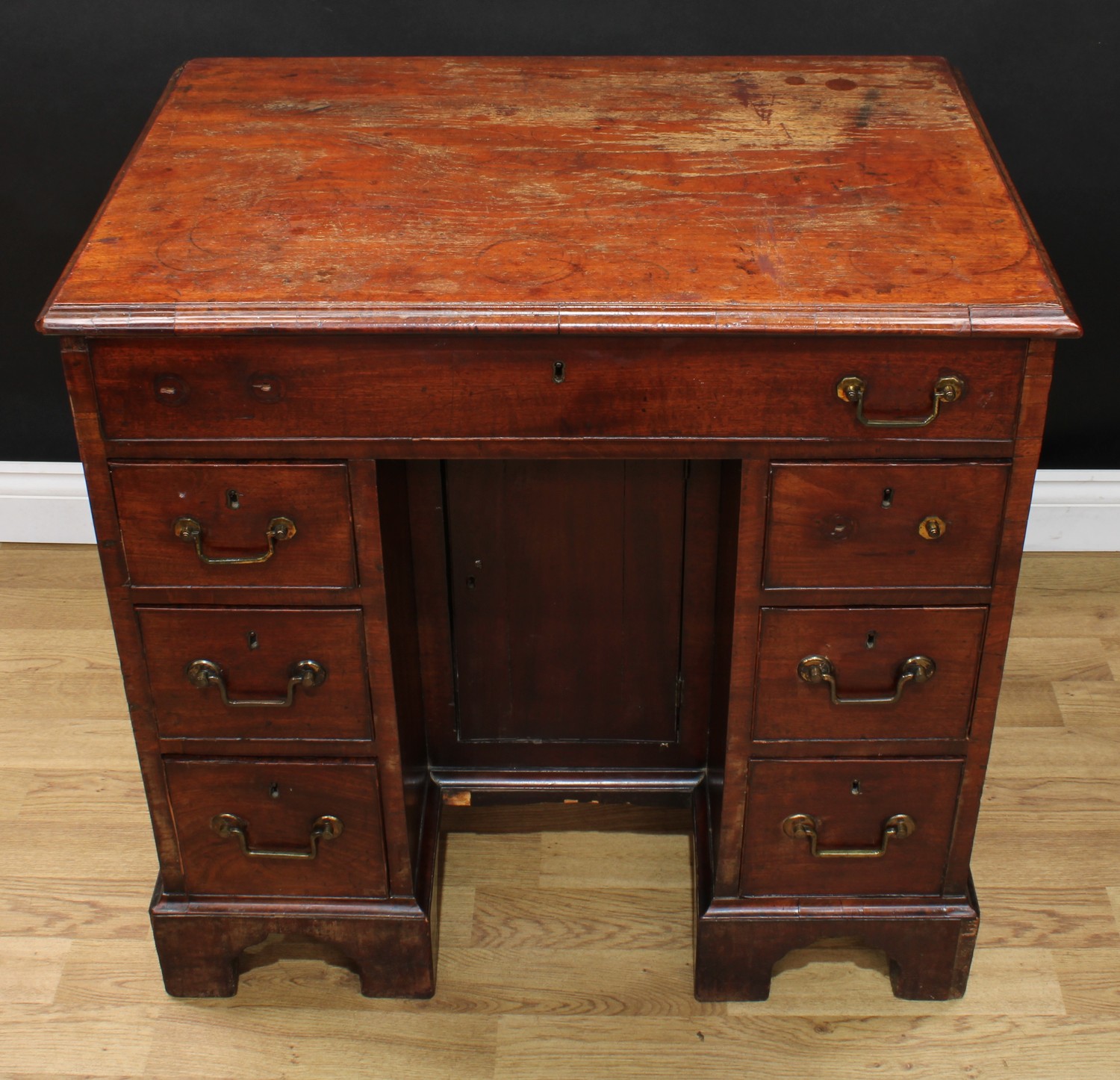 A George III mahogany kneehole desk, rectangular top with moulded edge above a long cockbeaded - Image 3 of 6