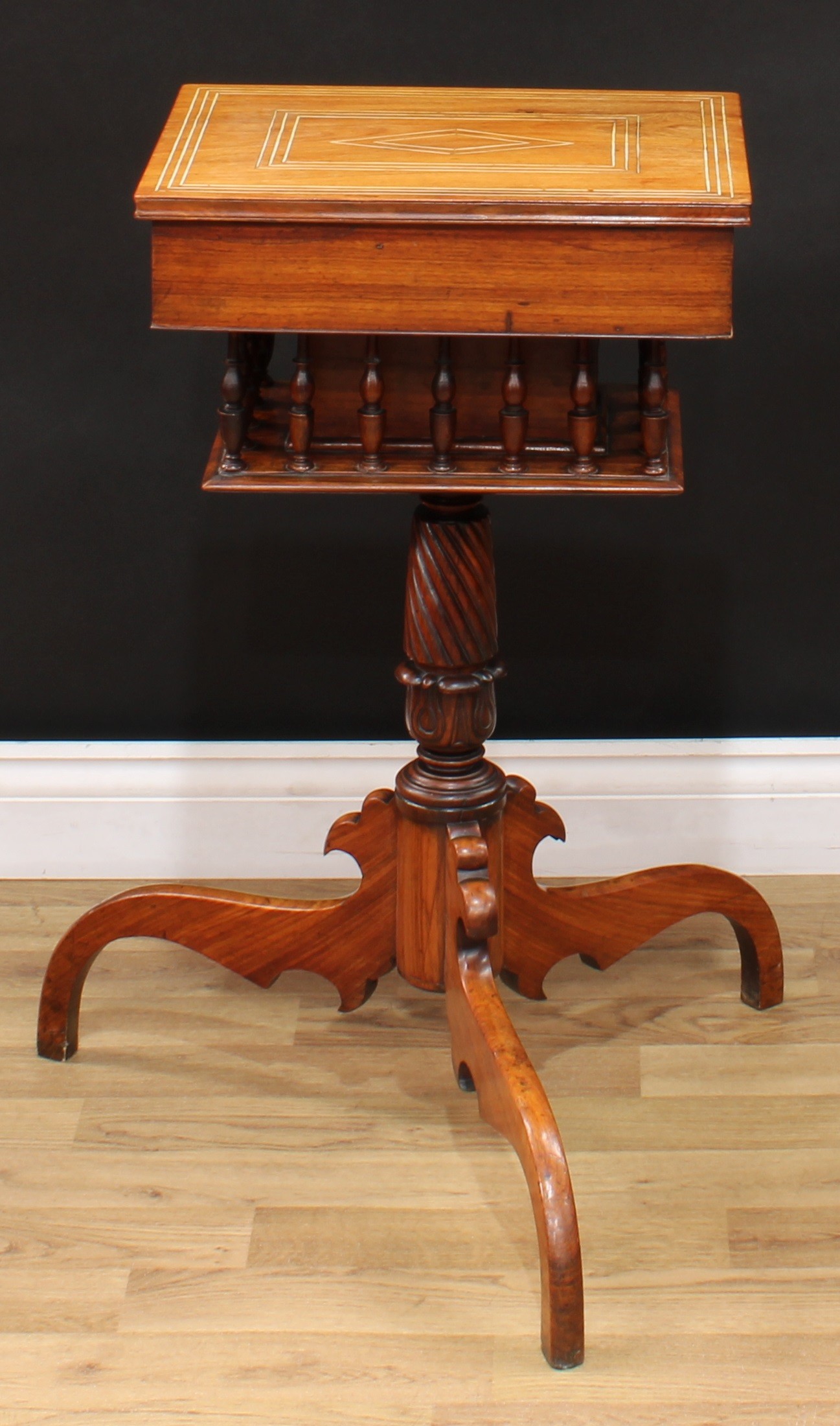 A 19th century Anglo-Indian rosewood tripod work table, hinged top enclosing a fitted interior - Image 8 of 8