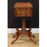 A Regency rosewood and brass marquetry teapoy, hinged sarcophagus caddy inlaid with stylised